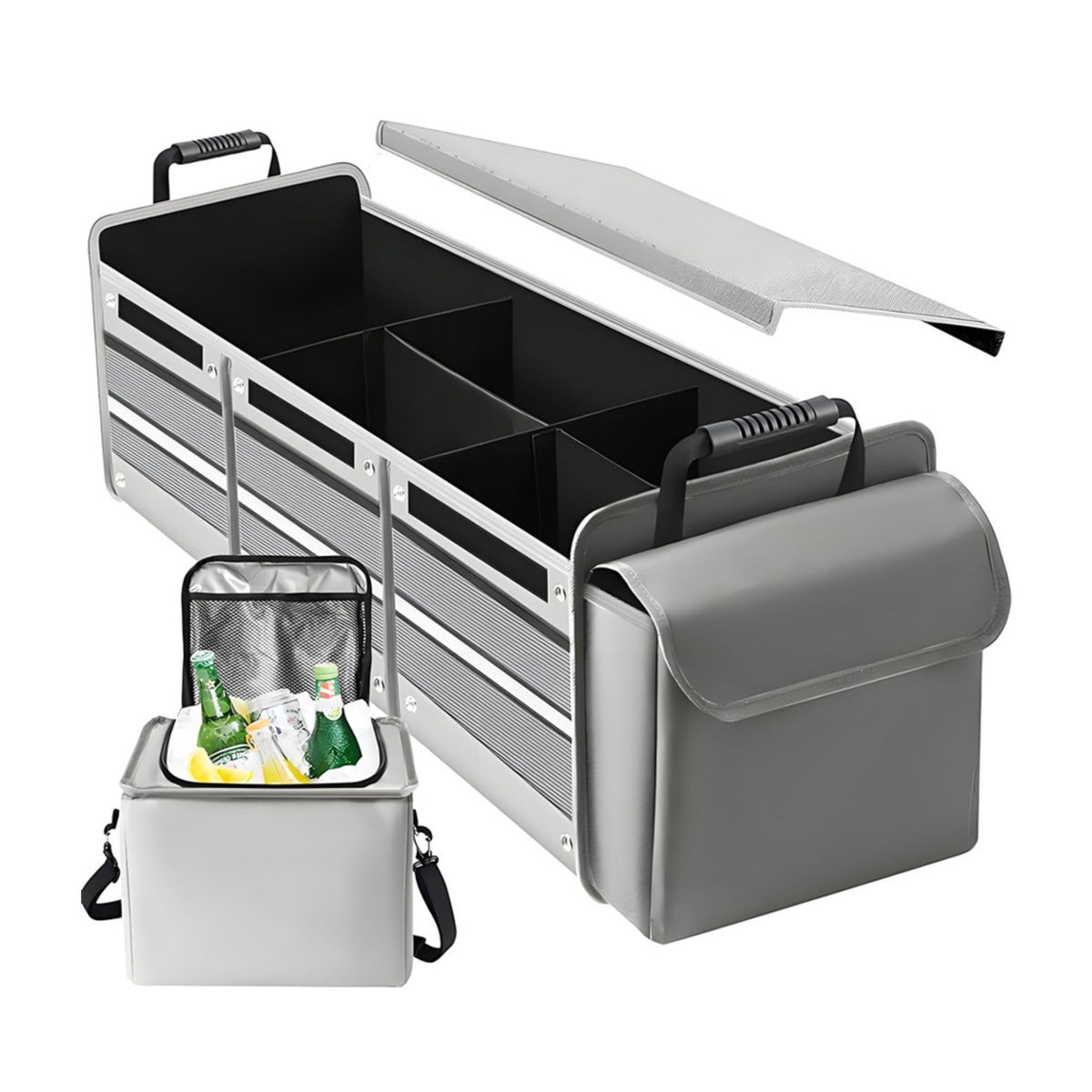 Organizator Auto pentru Portbagaj, Geanta Termoizolanta Detasabila, Model Pliabil cu 3 Compartimente si Curele Ajustabile, Panza Rezistenta, 90 x 35 x 30 cm, 94 L, Gri