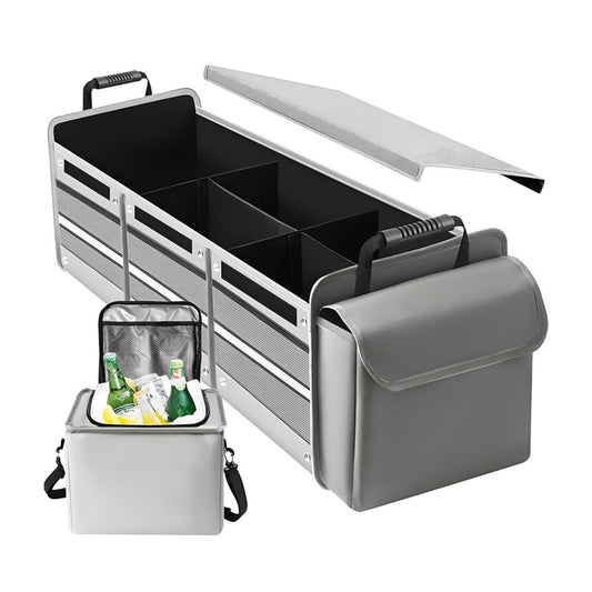 Organizator Auto pentru Portbagaj, Geanta Termoizolanta Detasabila, Model Pliabil cu 3 Compartimente si Curele Ajustabile, Panza Rezistenta, 90 x 35 x 30 cm, 94 L, Gri