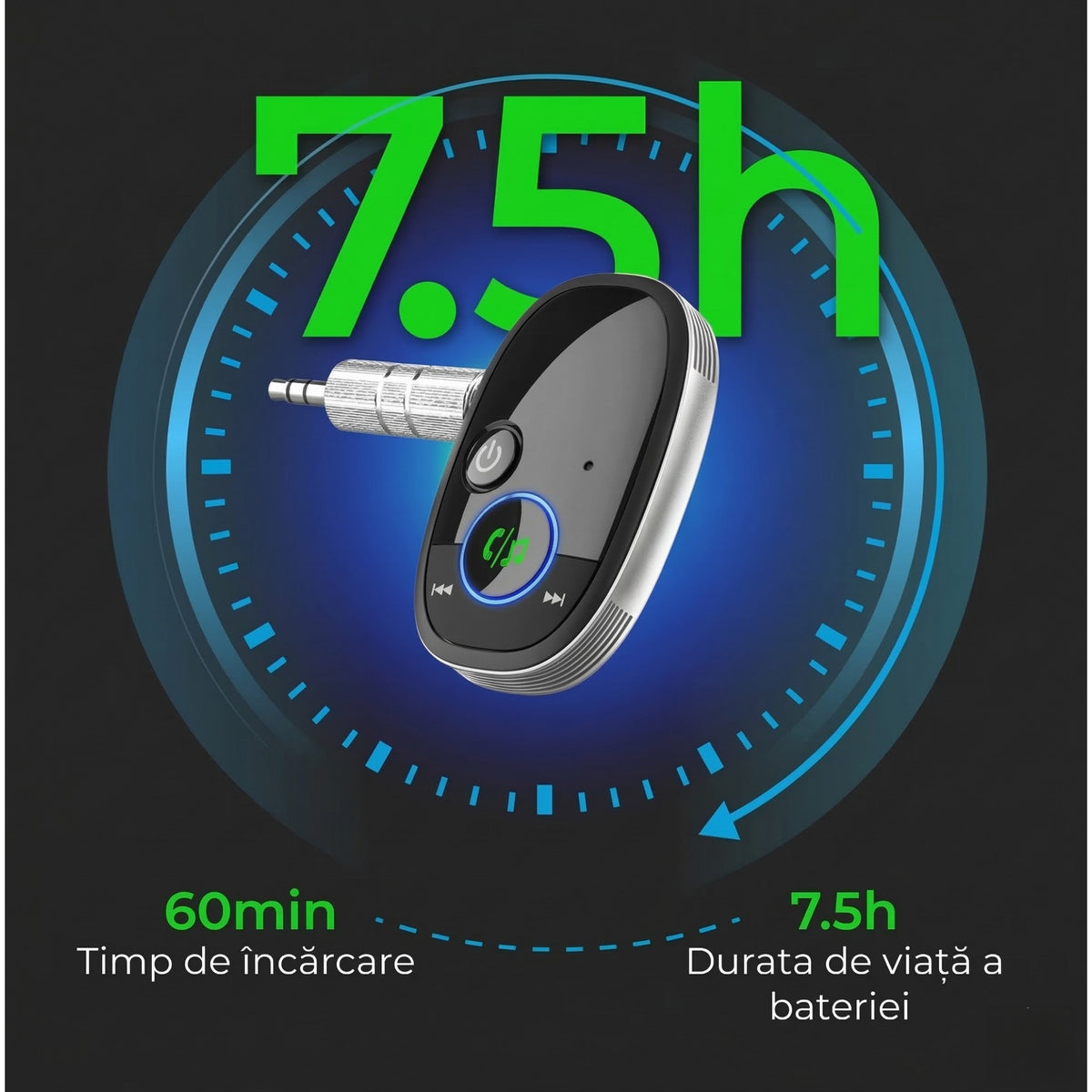 Adaptor Audio Auto Bluetooth 5.0, Receptor Wireless Auxiliar cu Asistenta Vocala, Conector Jack 3.5 mm, pentru Sistem Audio Masina si Smartphone, Negru