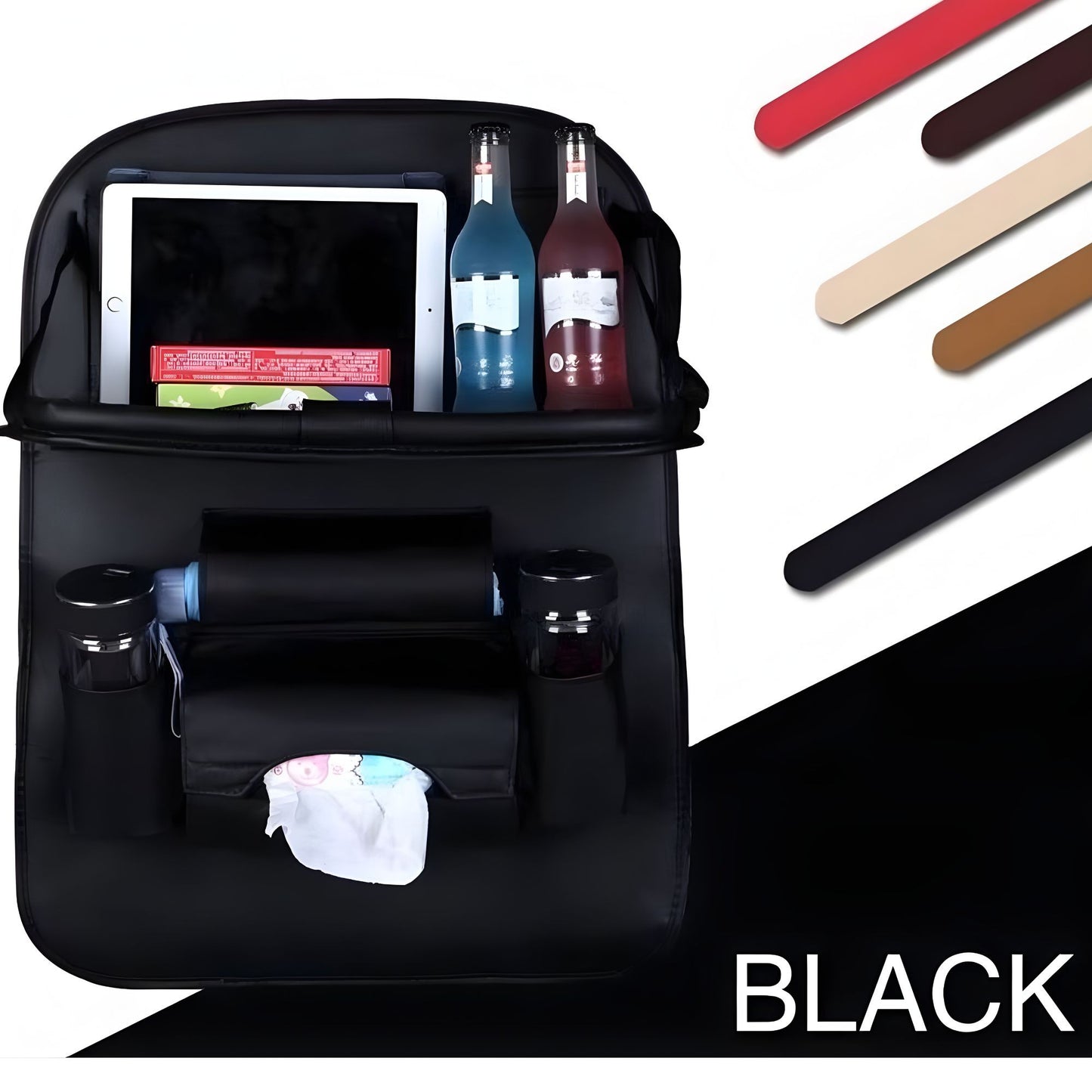 Organizator Spate Scaun Auto cu Masa Pliabila, Suport Tableta si 6 Compartimente Depozitare, Protectie Spatar Impermeabila, Piele Ecologica, 43 x 60 cm, Negru