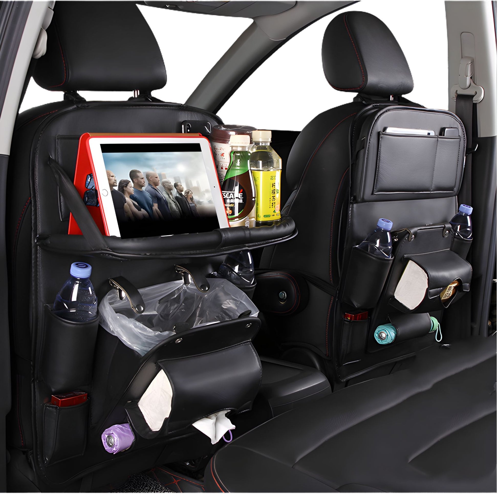 Organizator Spate Scaun Auto cu Masa Pliabila, Suport Tableta si 6 Compartimente Depozitare, Protectie Spatar Impermeabila, Piele Ecologica, 43 x 60 cm, Negru