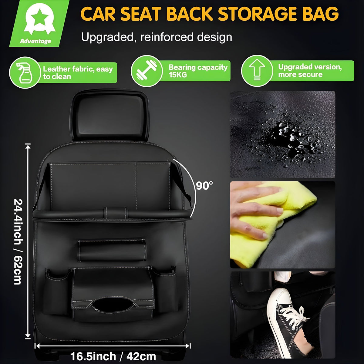 Organizator Spate Scaun Auto cu Masa Pliabila, Suport Tableta si 6 Compartimente Depozitare, Protectie Spatar Impermeabila, Piele Ecologica, 43 x 60 cm, Negru