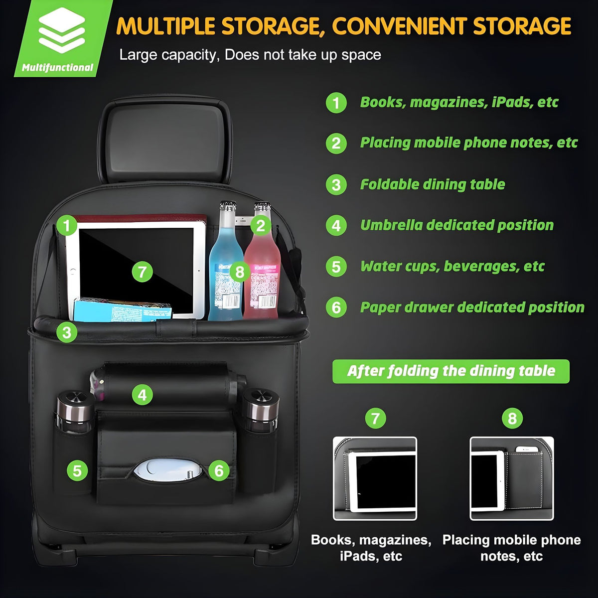 Organizator Spate Scaun Auto cu Masa Pliabila, Suport Tableta si 6 Compartimente Depozitare, Protectie Spatar Impermeabila, Piele Ecologica, 43 x 60 cm, Negru