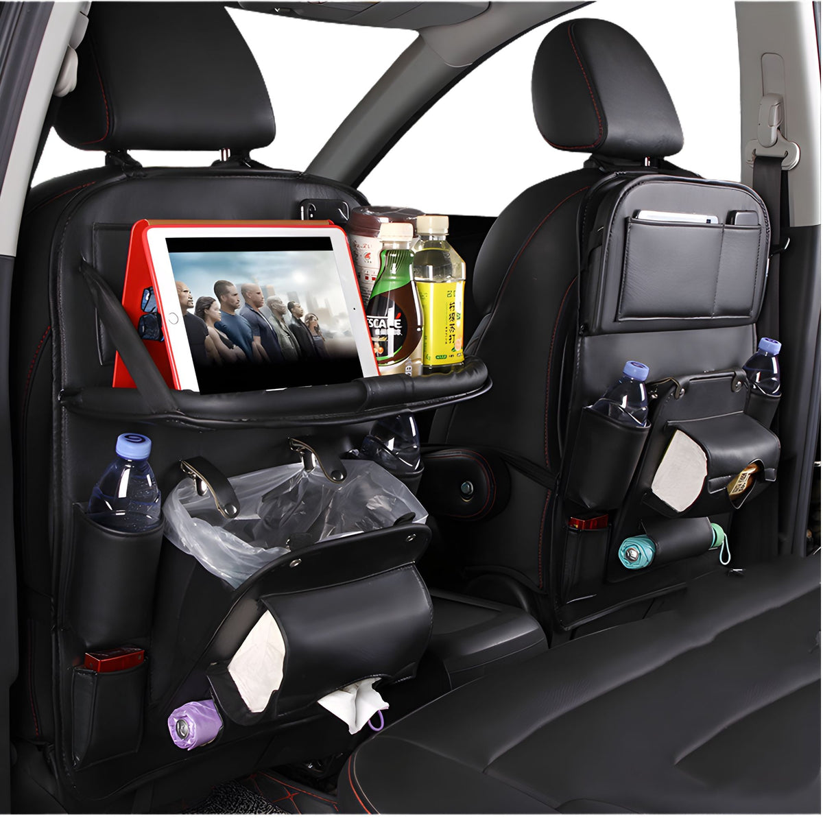 Organizator Spate Scaun Auto cu Masa Pliabila, Suport Tableta si 6 Compartimente Depozitare, Protectie Spatar Impermeabila, Piele Ecologica, 43 x 60 cm, Negru