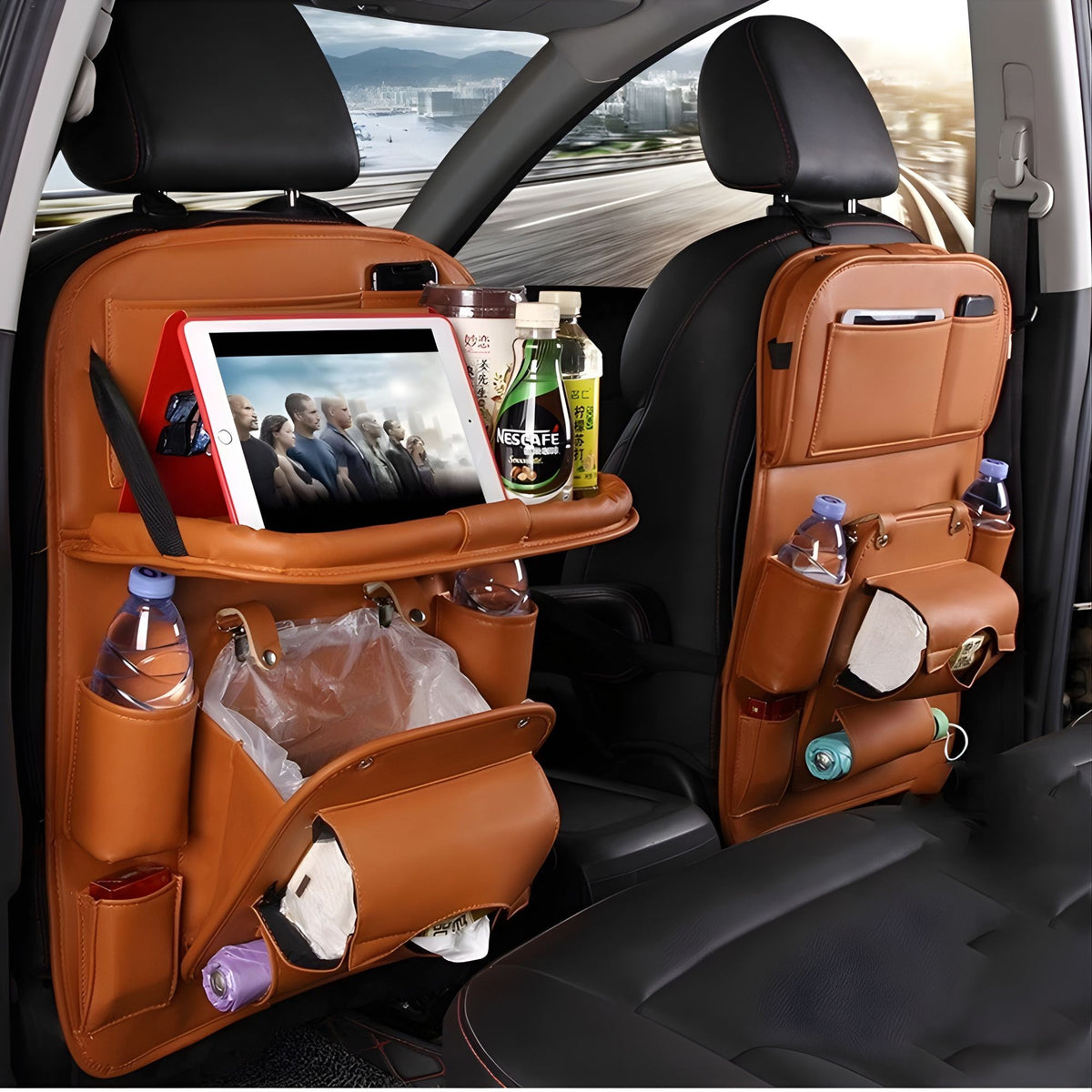 Organizator Scaun Auto cu Masa Pliabila si 6 Compartimente, Protectie Spatar Impermeabila, Suport Tableta, Piele Ecologica, 43 x 60 cm, Bordo