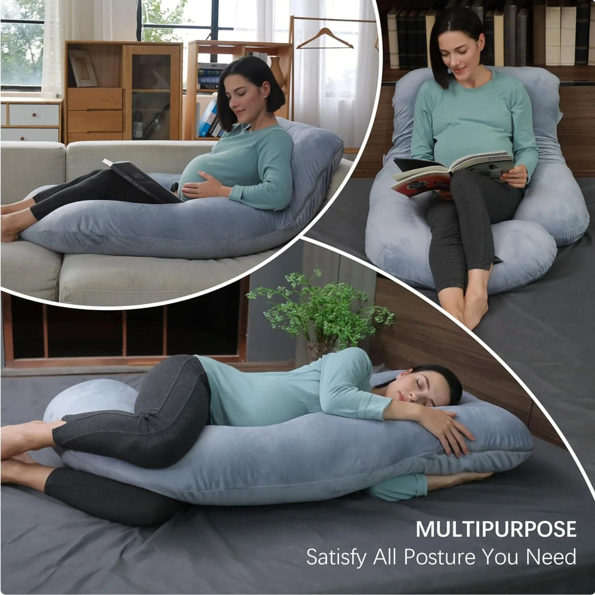 Perna pentru Gravide si Sarcina, Design Ergonomic Tip J, Suport Lombar si Abdominal, Husa Lavabila, Umplutura Poliester, 155 x 75 x 60 cm, Gri