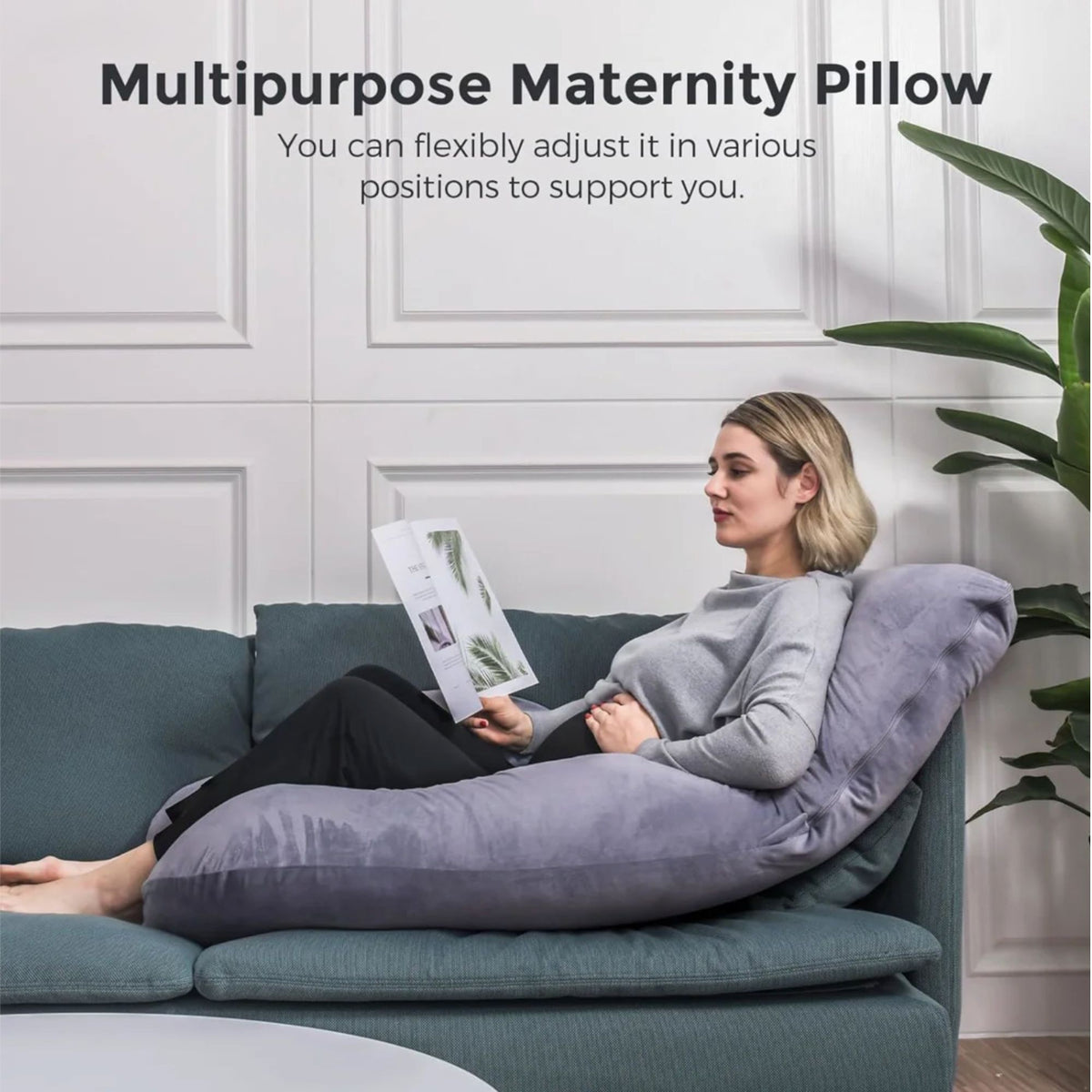 Perna pentru Gravide si Sarcina, Design Ergonomic Tip J, Suport Lombar si Abdominal, Husa Lavabila, Umplutura Poliester, 155 x 75 x 60 cm, Gri