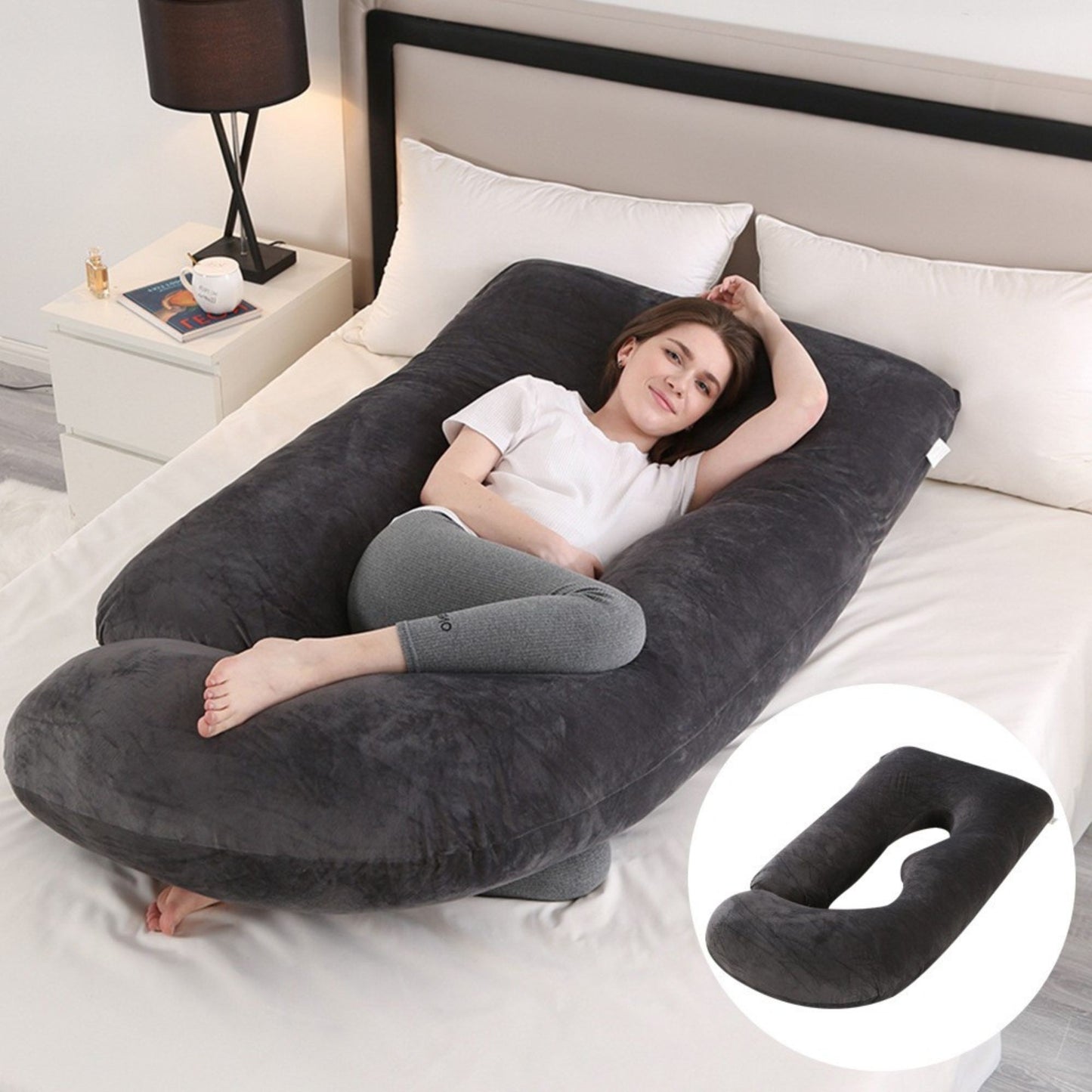 Perna pentru Gravide si Sarcina, Design Ergonomic Tip J, Suport Lombar si Abdominal, Captuseala Poliester, Husa Detasabila si Lavabila, 155 x 75 x 60 cm, Negru