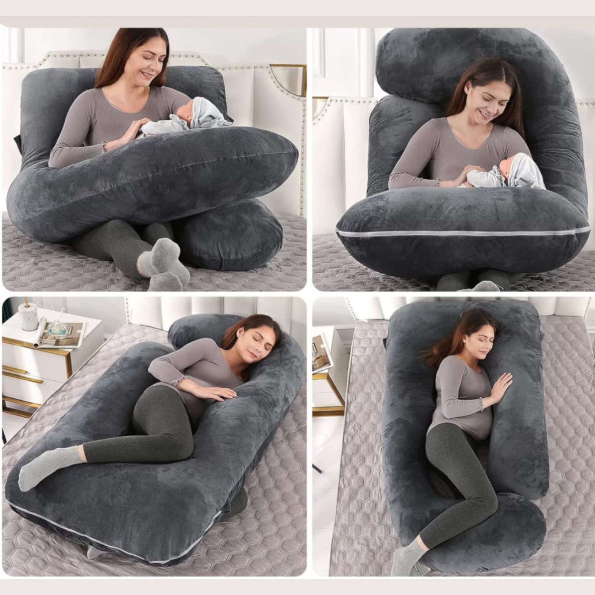 Perna pentru Gravide si Sarcina, Design Ergonomic Tip J, Suport Lombar si Abdominal, Captuseala Poliester, Husa Detasabila si Lavabila, 155 x 75 x 60 cm, Negru