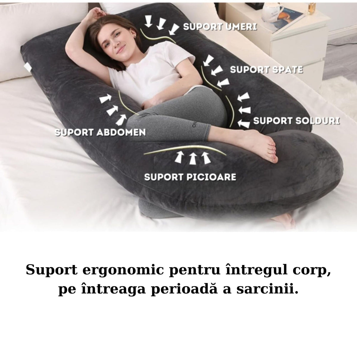 Perna pentru Gravide si Sarcina, Design Ergonomic Tip J, Suport Lombar si Abdominal, Captuseala Poliester, Husa Detasabila si Lavabila, 155 x 75 x 60 cm, Negru