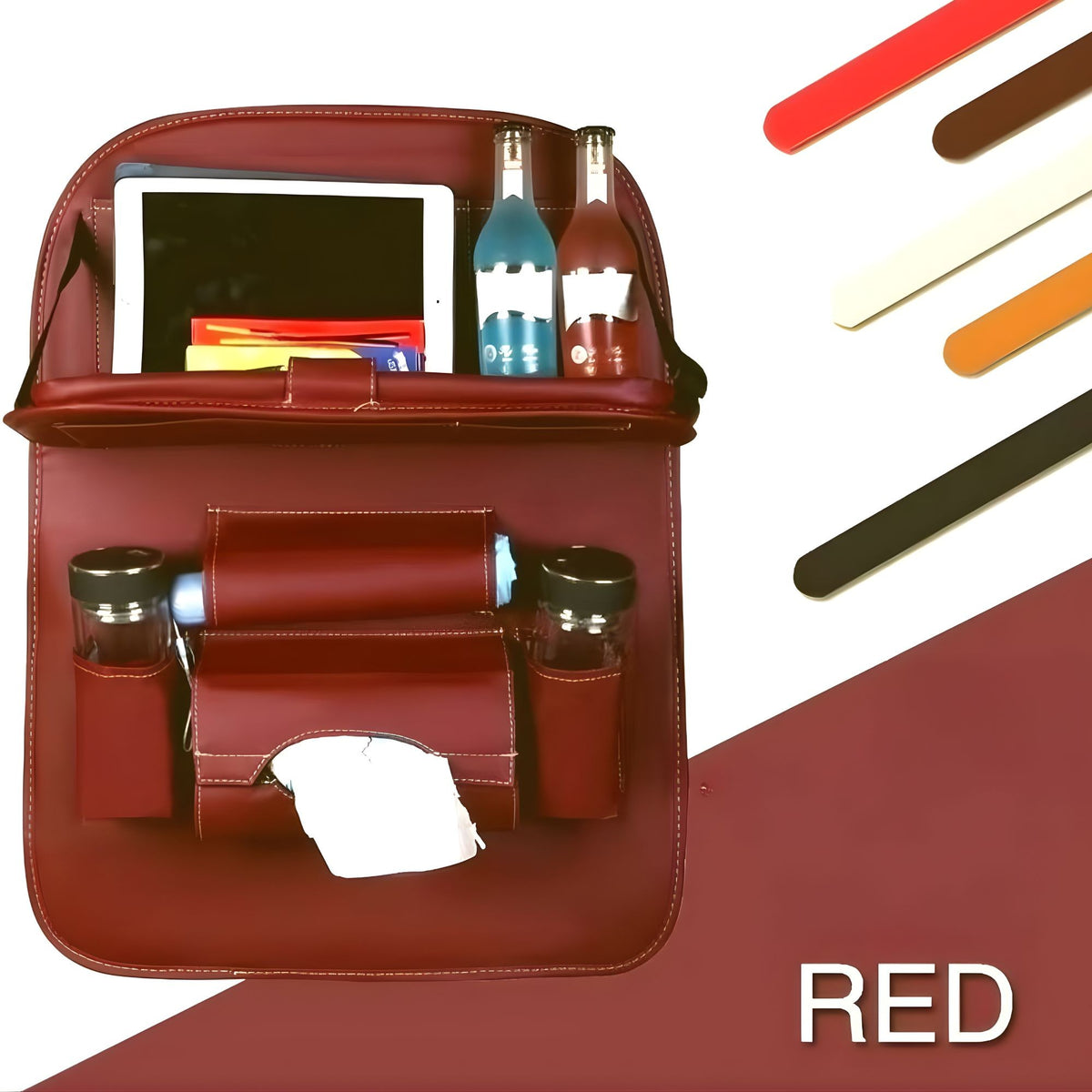 Organizator Spate Scaun Auto cu Masa Pliabila, Suport Tableta si 6 Compartimente, Protectie Tapiterie Impermeabila, Piele Ecologica PU, 43 x 60 cm, Portocaliu