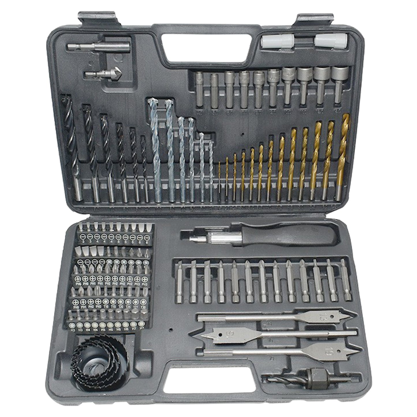 Set Scule Profesionale pentru Gaurire si Insurubare, Burghie Lemn, Metal si Zidarie, Otel Tratat, Cutie Transport, 111 Piese, 30 x 20 x 6 cm, Negru