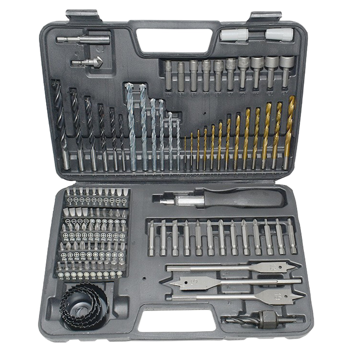 Set Scule Profesionale pentru Gaurire si Insurubare, Burghie Lemn, Metal si Zidarie, Otel Tratat, Cutie Transport, 111 Piese, 30 x 20 x 6 cm, Negru