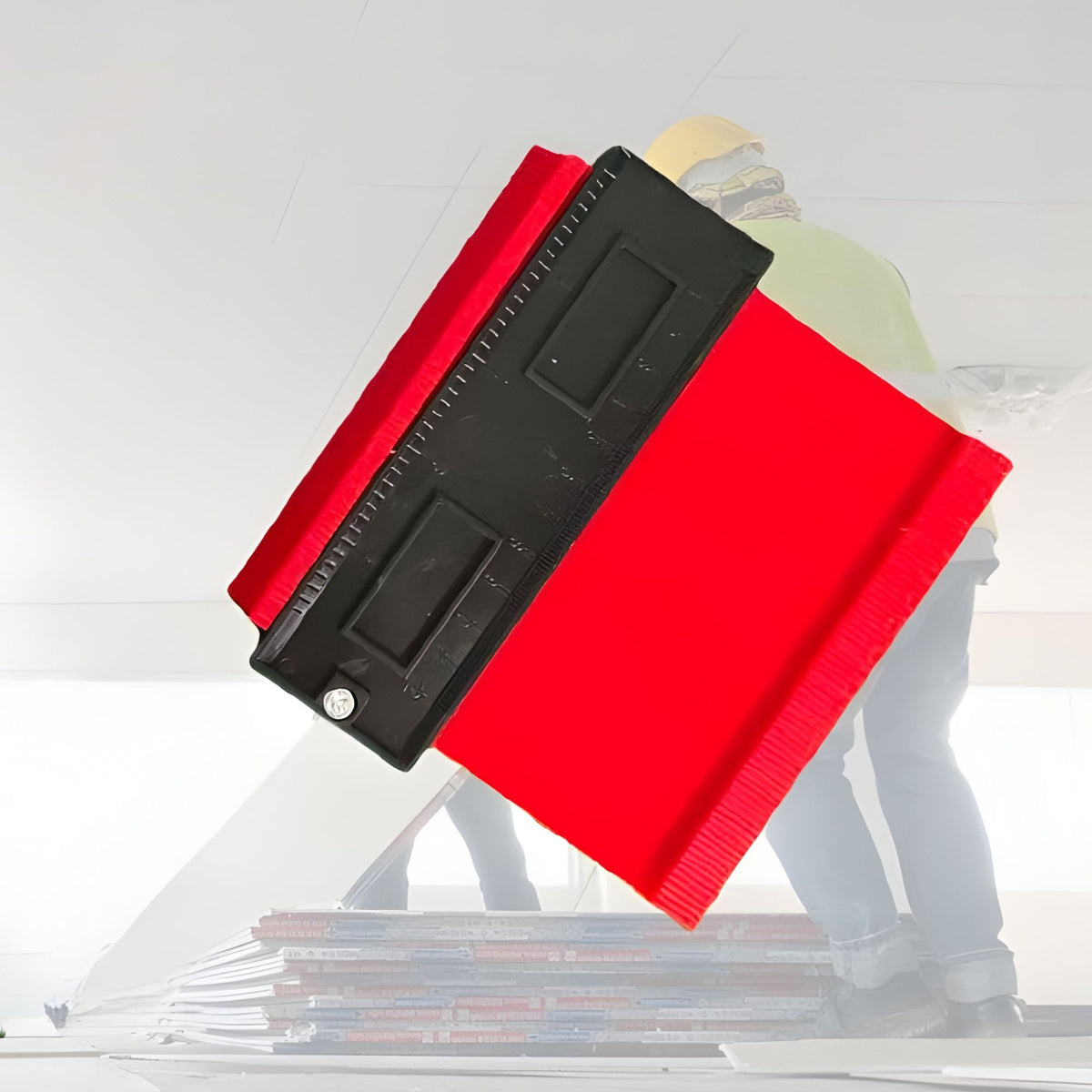 Sablon Masurare Contur si Copiere Forme Neregulate, Rigla Integrata, Profile Gauge pentru Tamplarie si Montaj Gresie, Plastic Rezistent, 14.6 x 10.5 cm, Rosu/Negru