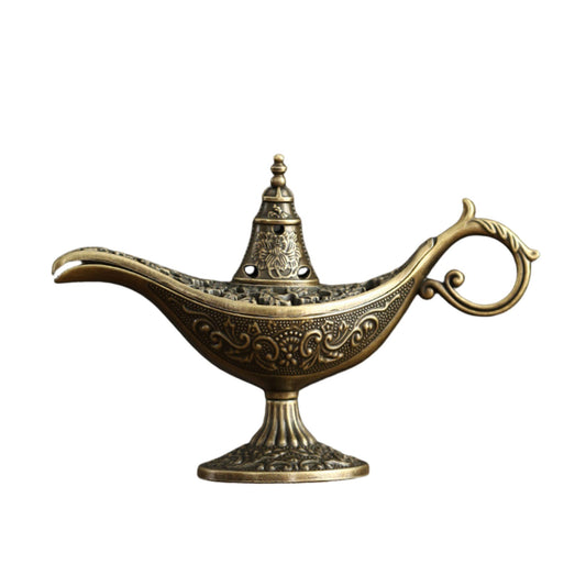 Arzator Tamaie Flipppy, Model Lampa Aladin, Suport Decorativ Vintage cu Maner si Capac Perforat, Aliaj Metalic, 3.2 x 9 x 6 cm, Bronz