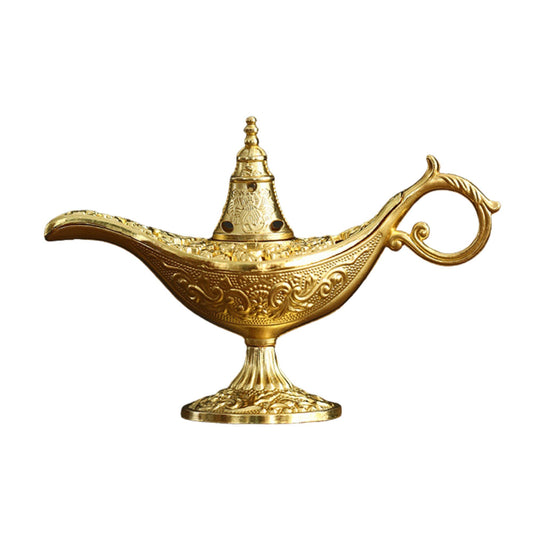 Arzator Tamaie Flipppy, Model Lampa Aladin, Suport Decorativ Vintage cu Maner si Capac Perforat, Aliaj Metalic, 3.2 x 9 x 6 cm, Auriu