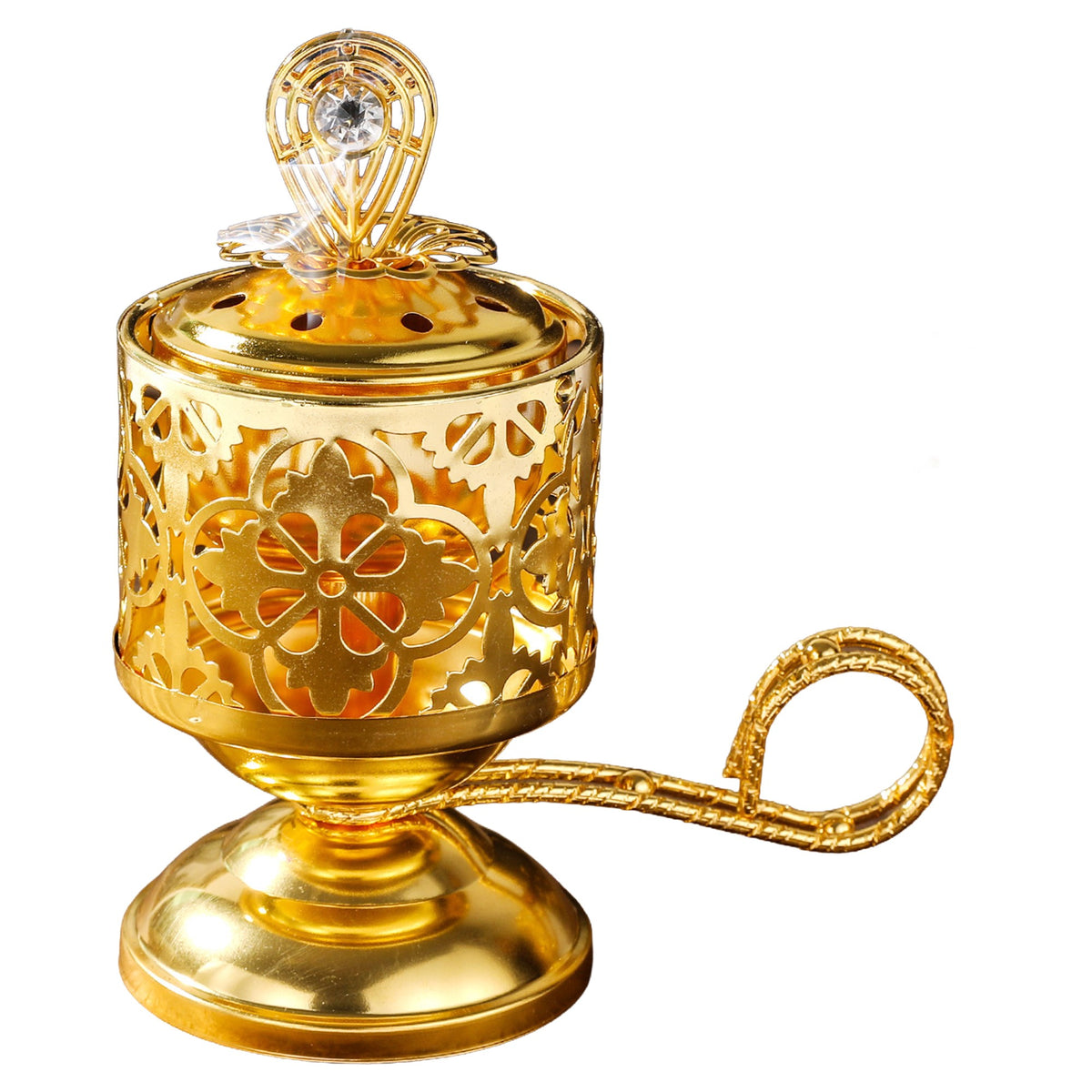 Arzator de Tamaie cu Carbune, Suport Oriental pentru Meditatie cu Capac Anti-Cenusa si Maner, Metal, 14 x 6.5 cm, Auriu