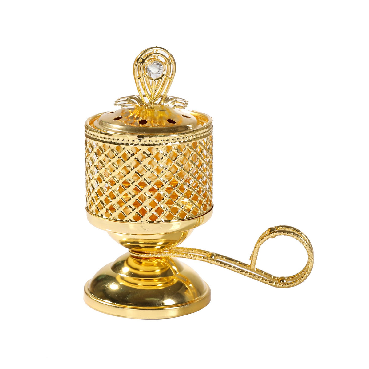 Arzator de Tamaie cu Carbune, Suport Oriental pentru Meditatie cu Capac Anti-Cenusa si Maner, Metal, 14 x 6.5 cm, Auriu