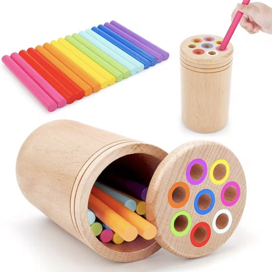 Jucarie Educativa Montessori din Lemn, Sortator cu Betisoare si Joc de Motricitate Fina, Cilindru pentru Dezvoltarea Coordonarii Mana-Ochi, Include Saculet Depozitare, 19 Piese, 2+ Ani, Multicolor
