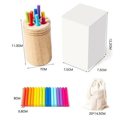 Jucarie Educativa Montessori din Lemn, Sortator cu Betisoare si Joc de Motricitate Fina, Cilindru pentru Dezvoltarea Coordonarii Mana-Ochi, Include Saculet Depozitare, 19 Piese, 2+ Ani, Multicolor