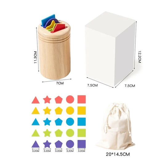 Jucarie Educativa Montessori din Lemn, Sortator Forme Geometrice si Joc Motricitate Fina, 28 Piese, Include Saculet Depozitare, Varsta 2+ Ani, Multicolor