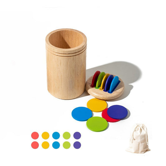 Jucarie Educativa Montessori din Lemn, Sortator Discuri Colorate pentru Motricitate Fina, Joc Invatare Timpurie, Include Saculet Depozitare, 13 Piese, Varsta 2+ Ani, 11.3 x 7 cm, Multicolor