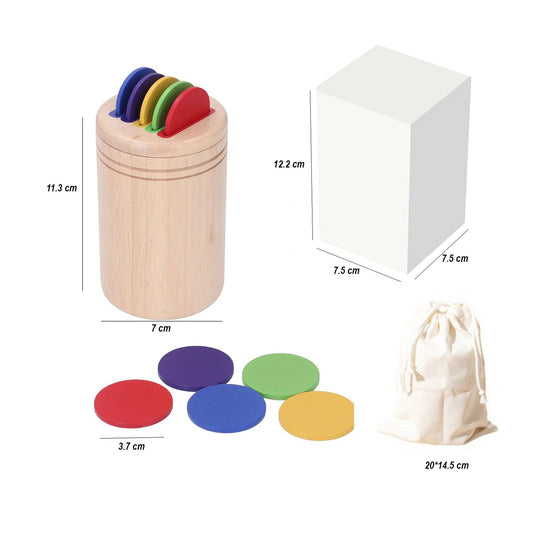 Jucarie Educativa Montessori din Lemn, Sortator Discuri Colorate pentru Motricitate Fina, Joc Invatare Timpurie, Include Saculet Depozitare, 13 Piese, Varsta 2+ Ani, 11.3 x 7 cm, Multicolor