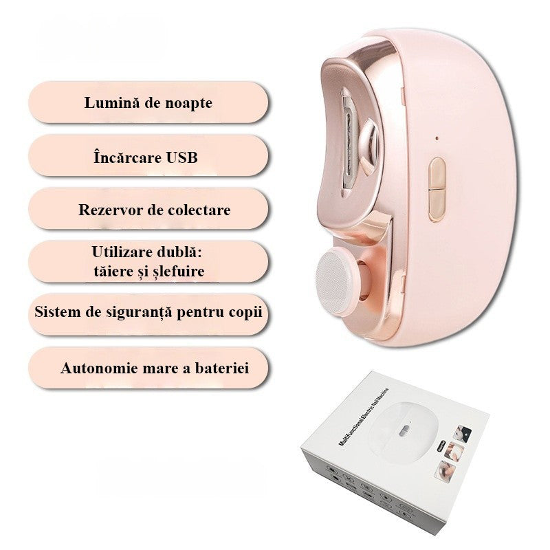 Unghiera Electrica 2 in 1 pentru Taiat si Slefuit, 2 Viteze, Lumina LED si Compartiment Colectare, Incarcare USB-C, Design Ergonomic, Silentioasa 65 dB, Roz, 8.5 x 6.8 x 3.3 cm