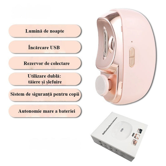 Unghiera Electrica 2 in 1 pentru Taiat si Slefuit, 2 Viteze, Lumina LED si Compartiment Colectare, Incarcare USB-C, Design Ergonomic, Silentioasa 65 dB, Roz, 8.5 x 6.8 x 3.3 cm