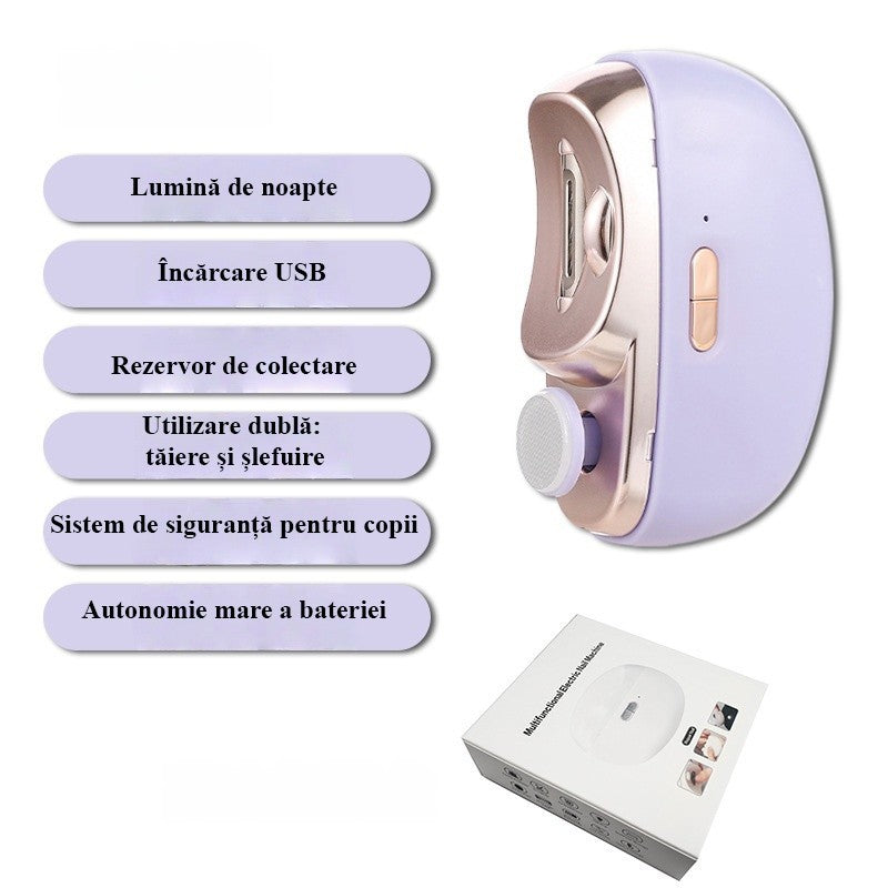 Unghiera Electrica Automata 2 in 1 pentru Taiat si Slefuit, 2 Viteze, Lumina LED si Compartiment Resturi, Silentioasa, Incarcare USB-C, ABS, 8.5 x 6.8 x 3.3 cm, Violet