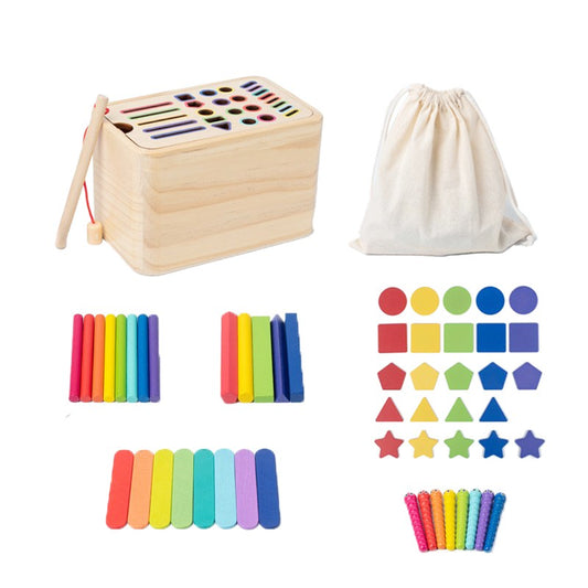 Jucarie Educativa Montessori, Cutie Sortare Forme si Culori, Joc de Insirare si Motricitate Fina, Lemn Natural, 56 Piese, Multicolor