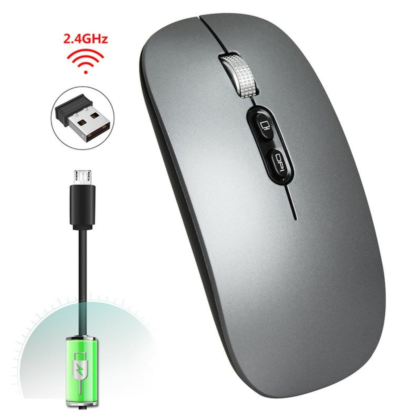 Mouse Wireless Reincarcabil M103, Conectare Duala Bluetooth 5.1 si 2.4GHz, Click Silentios, DPI Reglabil 800-1600, Design Slim, Compatibil Windows si macOS, Gri Inchis