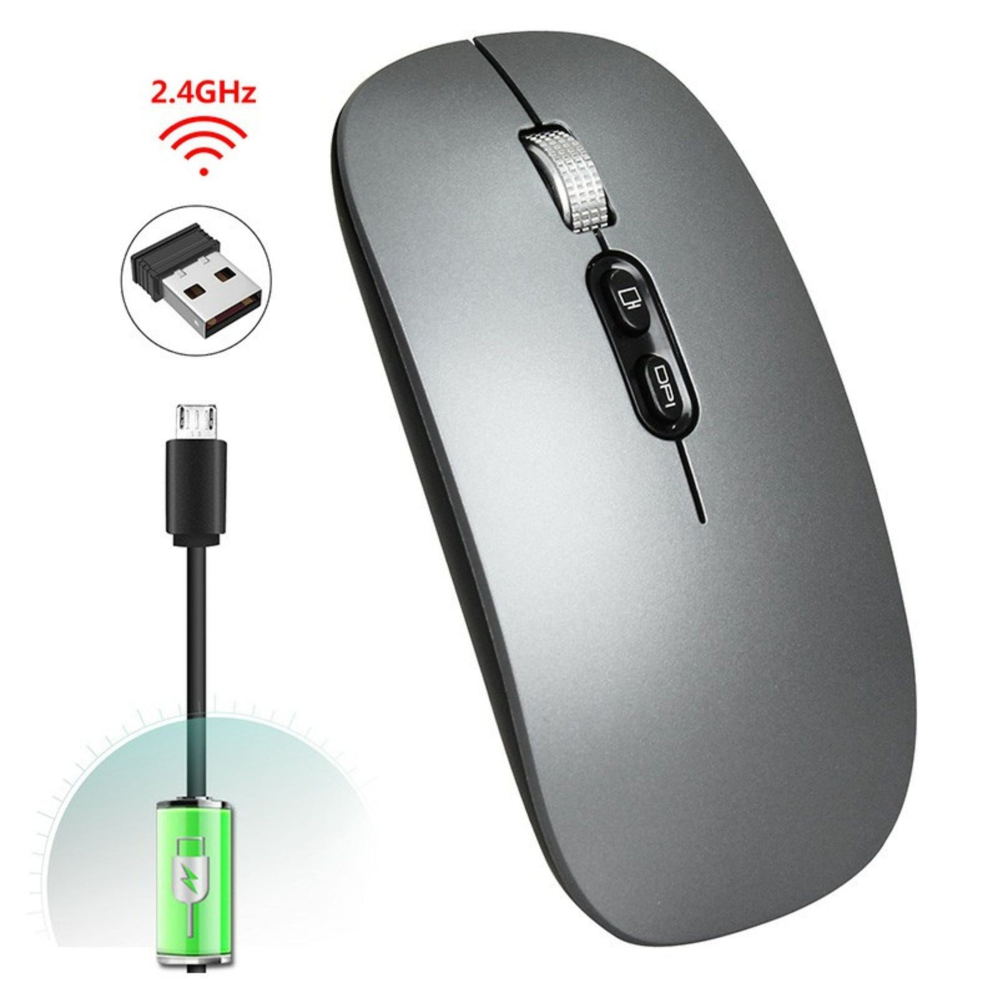 Mouse Wireless Reincarcabil M103, Conectare Duala Bluetooth 5.1 si 2.4GHz, Click Silentios, DPI Reglabil 800-1600, Design Slim, Compatibil Windows si macOS, Gri Inchis