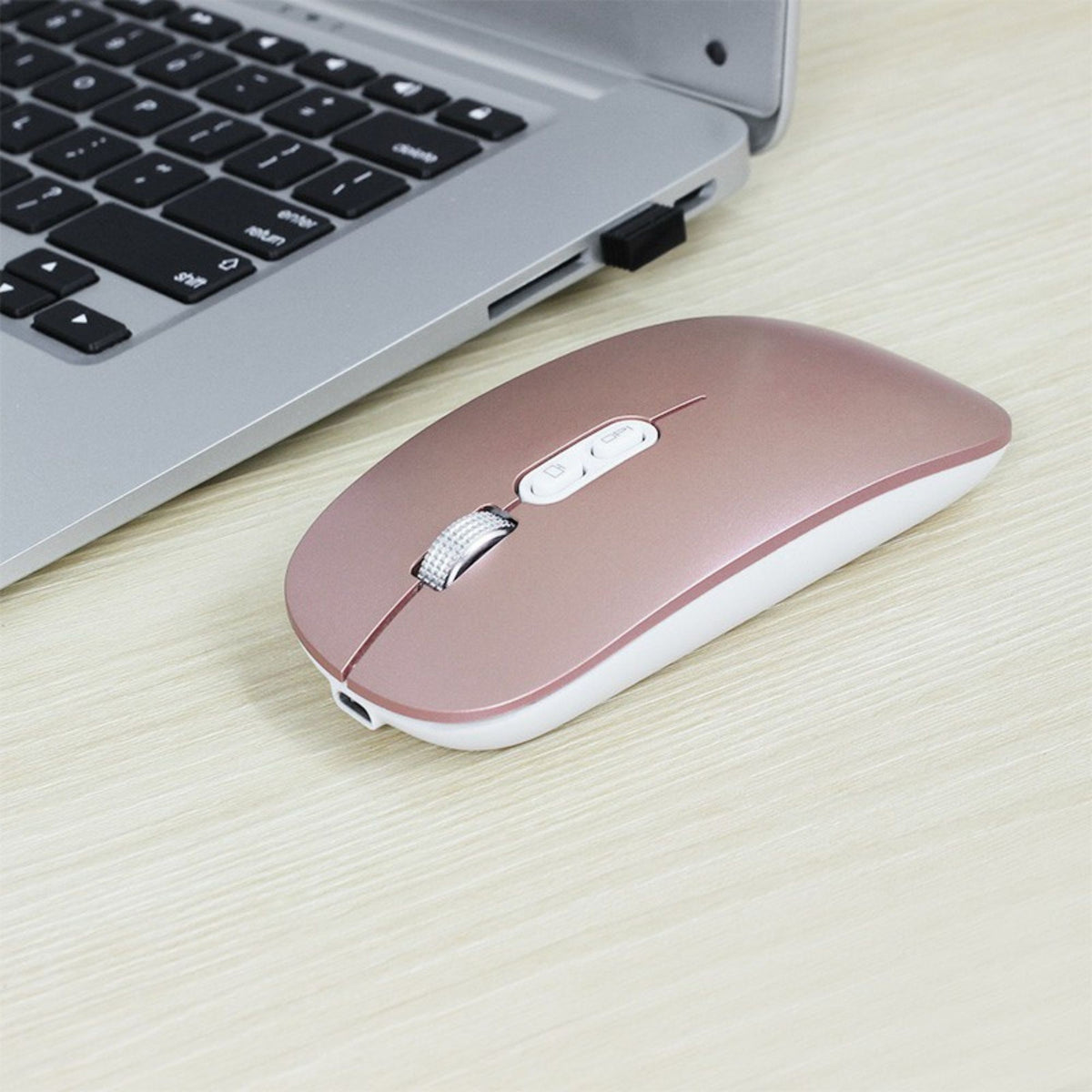 Mouse Wireless Reincarcabil M103, Conectare Duala Bluetooth 5.1 si 2.4GHz, Click Silentios, DPI Reglabil 1600, Design Slim, Compatibil Windows si macOS, Roz Auriu