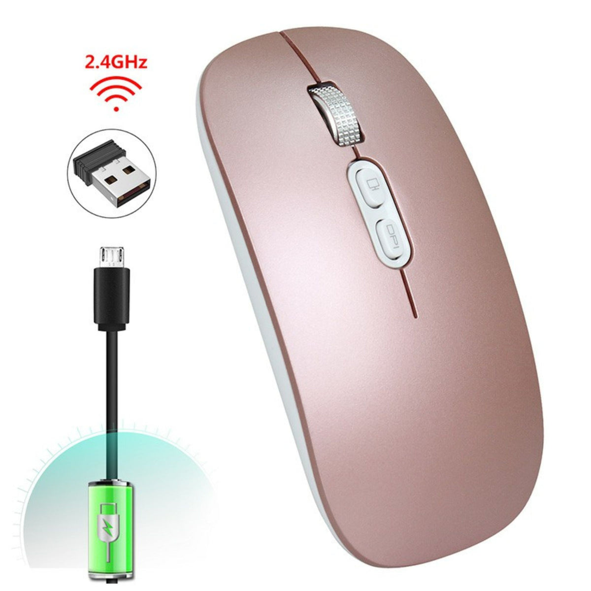Mouse Wireless Reincarcabil M103, Conectare Duala Bluetooth 5.1 si 2.4GHz, Click Silentios, DPI Reglabil 1600, Design Slim, Compatibil Windows si macOS, Roz Auriu
