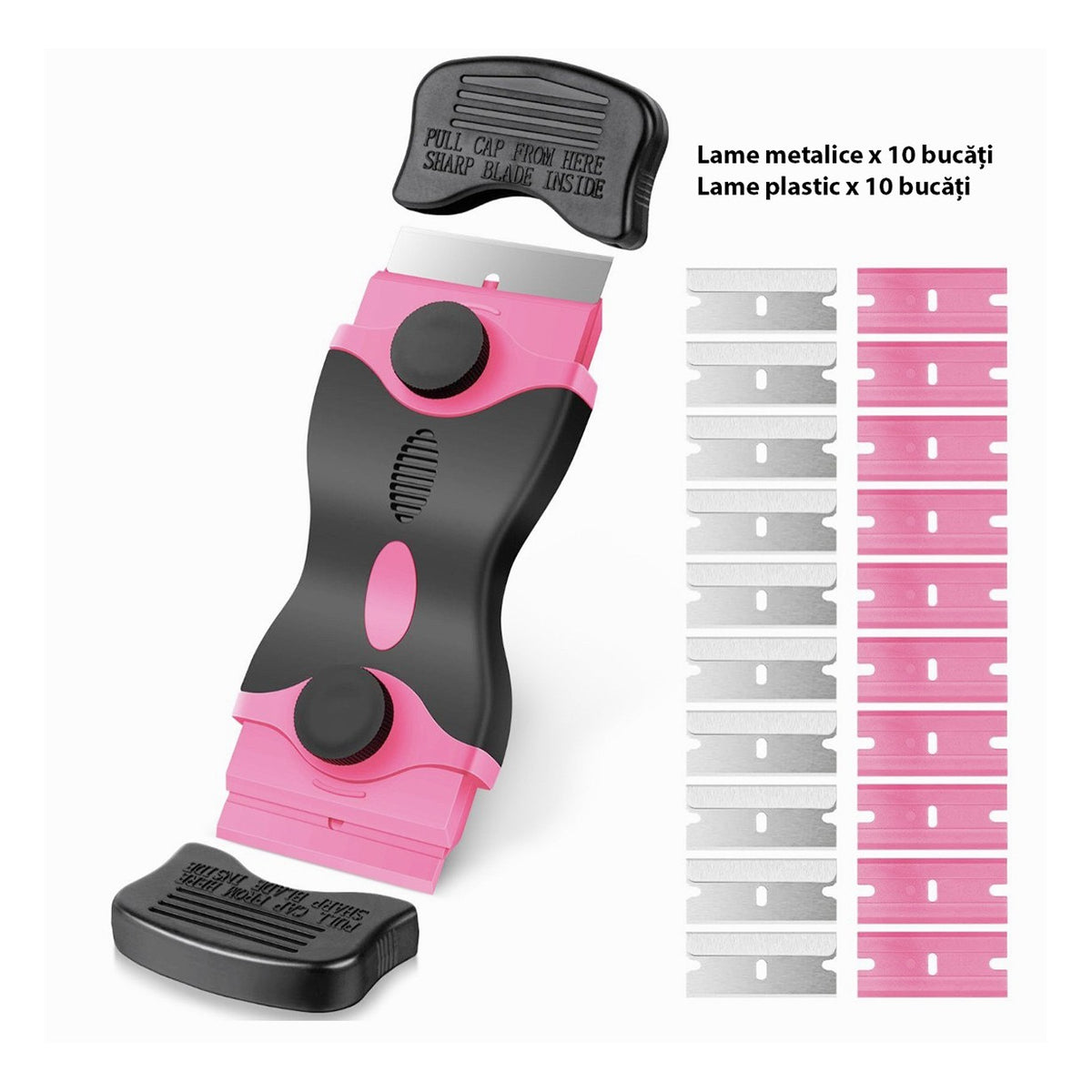 Racleta Multifunctionala pentru Curatare Sticla si Ceramica, Maner Ergonomic Anti-Alunecare, Plastic si Metal, Include 20 Lame Rezerva, 12.5 x 4.5 cm, Roz