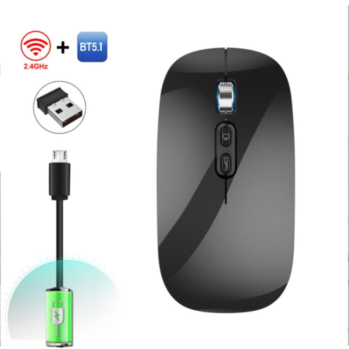 Mouse Wireless Reincarcabil M103, Dual Mode Bluetooth 5.1 si 2.4GHz, Click Silentios, DPI Reglabil 800-1600, Design Slim, Compatibil Windows si macOS, Negru