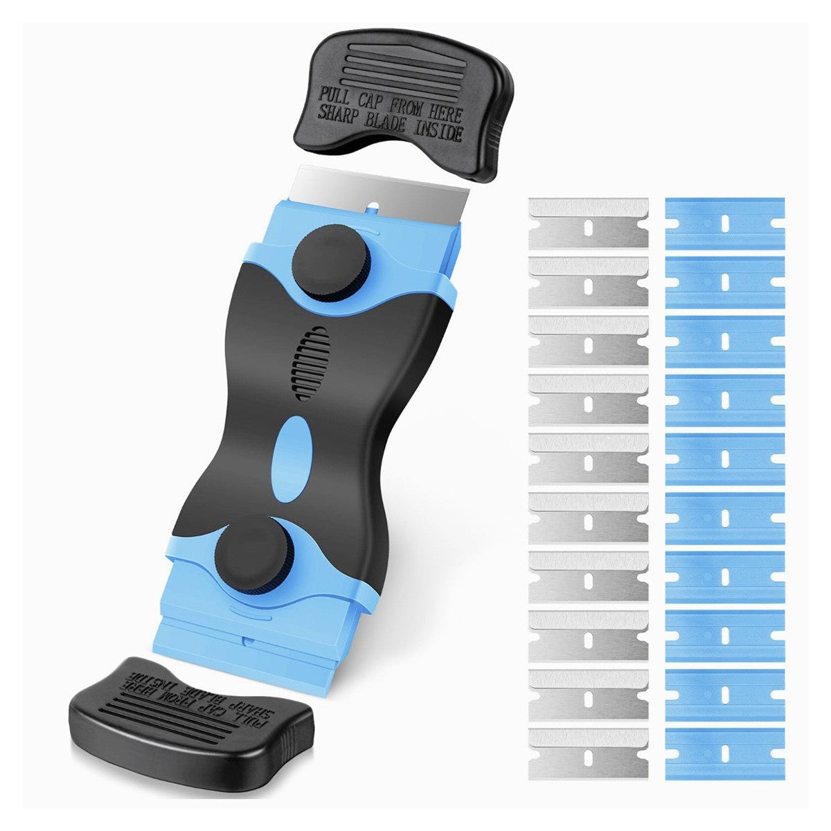 Racleta Multifunctionala pentru Curatare Sticla si Ceramica, Maner Ergonomic Anti-alunecare, Plastic si Metal, 12.5 x 4.5 cm, Include 20 Lame Schimb, Albastru