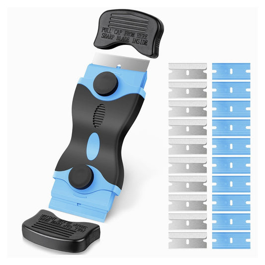 Racleta Multifunctionala pentru Curatare Sticla si Ceramica, Maner Ergonomic Anti-alunecare, Plastic si Metal, 12.5 x 4.5 cm, Include 20 Lame Schimb, Albastru