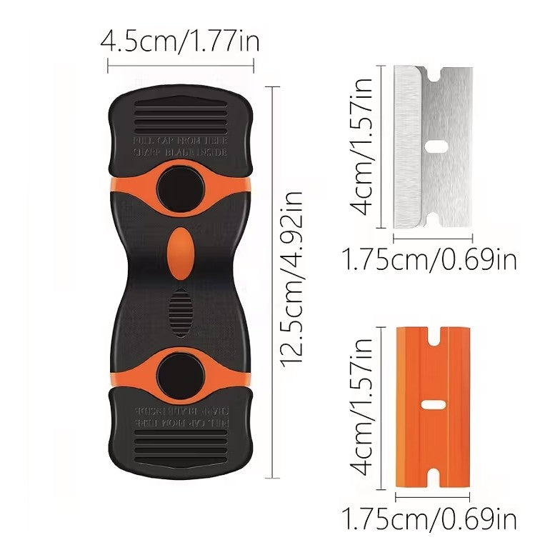Racleta Multifunctionala pentru Curatare Sticla si Ceramica, Maner Ergonomic Anti-alunecare, Plastic si Metal, 12.5 x 4.5 cm, Include 20 Lame Schimb, Portocaliu