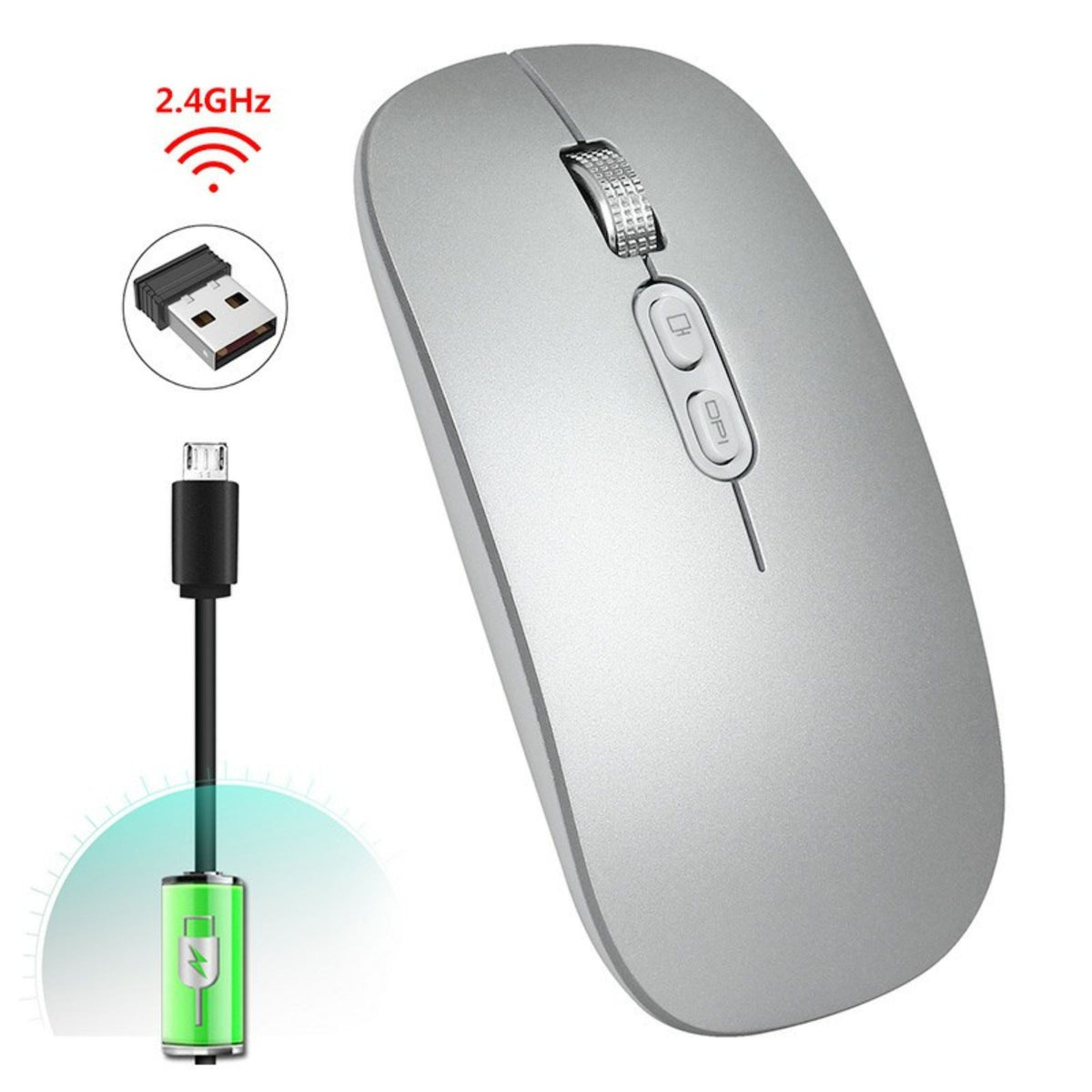 Mouse Wireless Reincarcabil M103, Conexiune Duala Bluetooth 5.1 si 2.4GHz, Click Silentios, DPI Reglabil 800-1600, Design Slim, Compatibil Windows si macOS, Argintiu