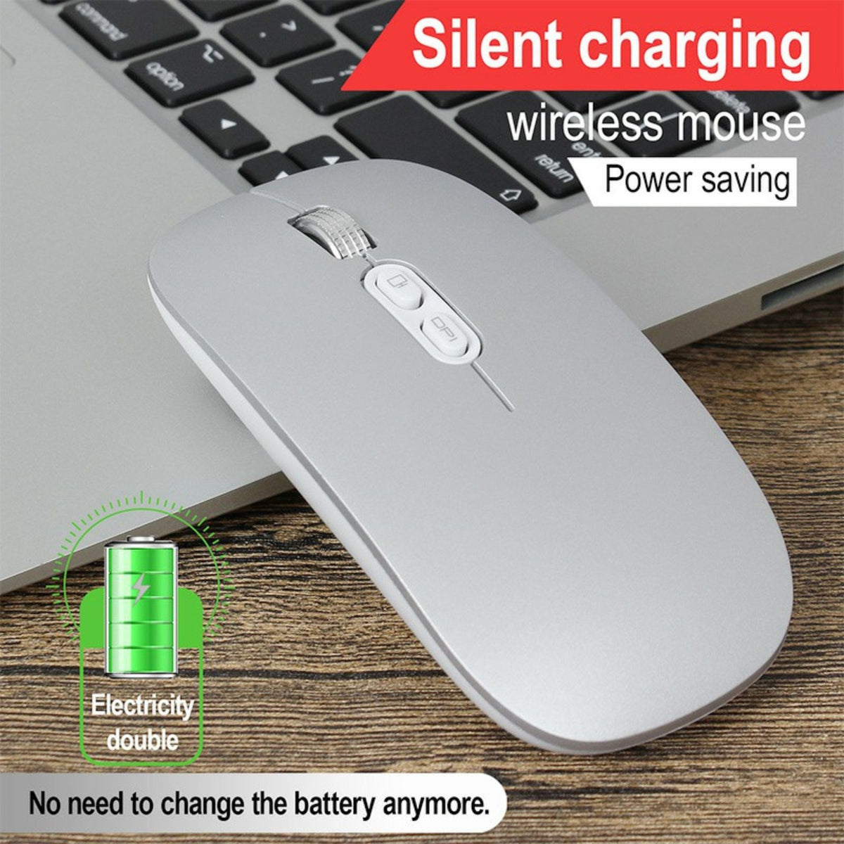 Mouse Wireless Reincarcabil M103, Conexiune Duala Bluetooth 5.1 si 2.4GHz, Click Silentios, DPI Reglabil 800-1600, Design Slim, Compatibil Windows si macOS, Argintiu
