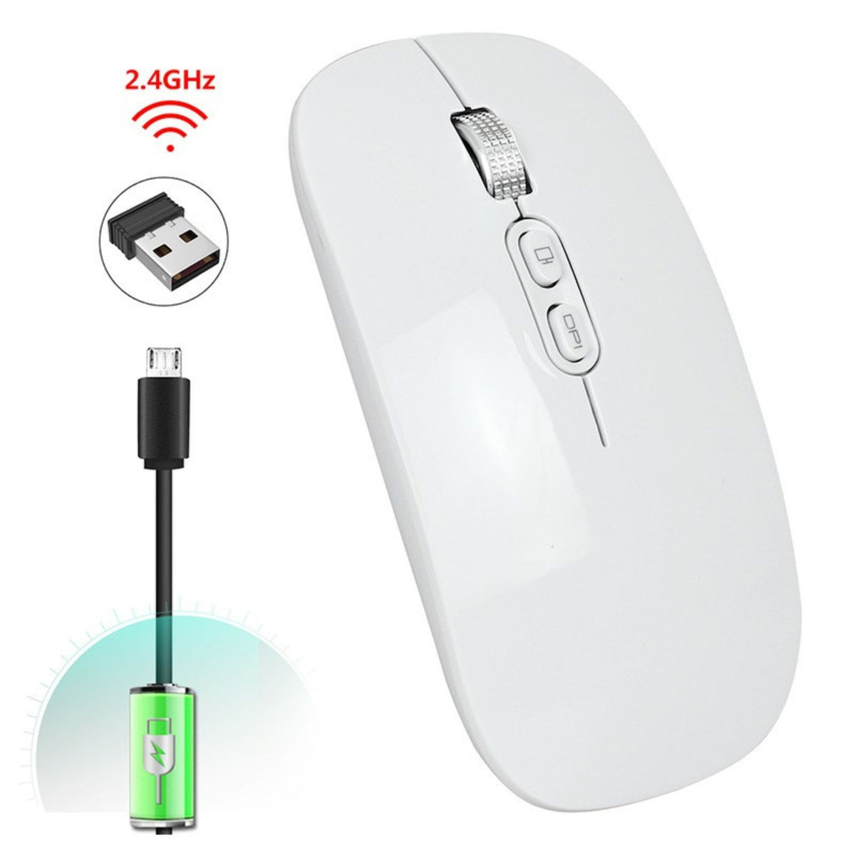 Mouse Wireless Reincarcabil M103, Conectare Duala Bluetooth 5.1 si 2.4GHz, Click Silentios, DPI Reglabil 800-1600, Design Slim, Compatibil Windows si macOS, Alb