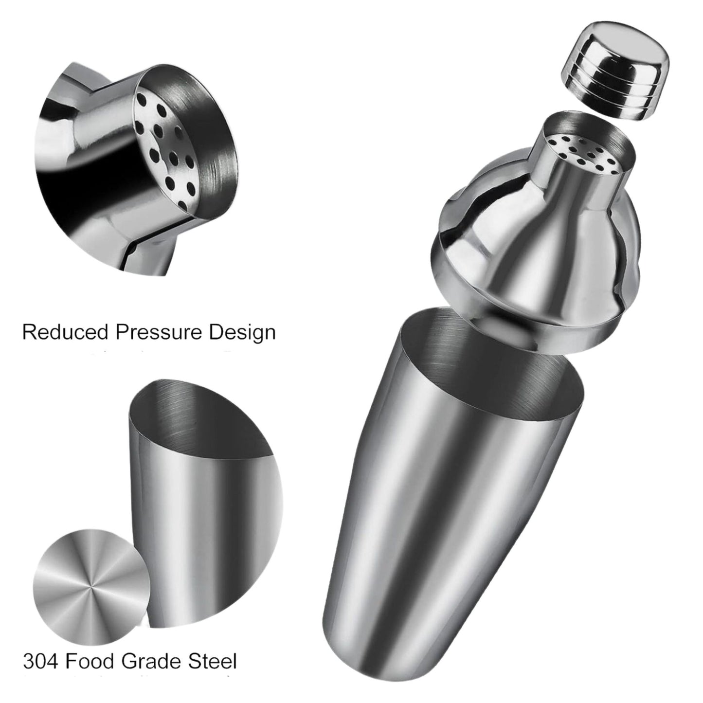 Set Barman Preparare Cocktail, Kit Accesorii Mixologie cu Shaker 750ml, Masura Dubla, Pistil, Lingura si 2 Picuratoare, Otel Inoxidabil, 6 Piese, Argintiu