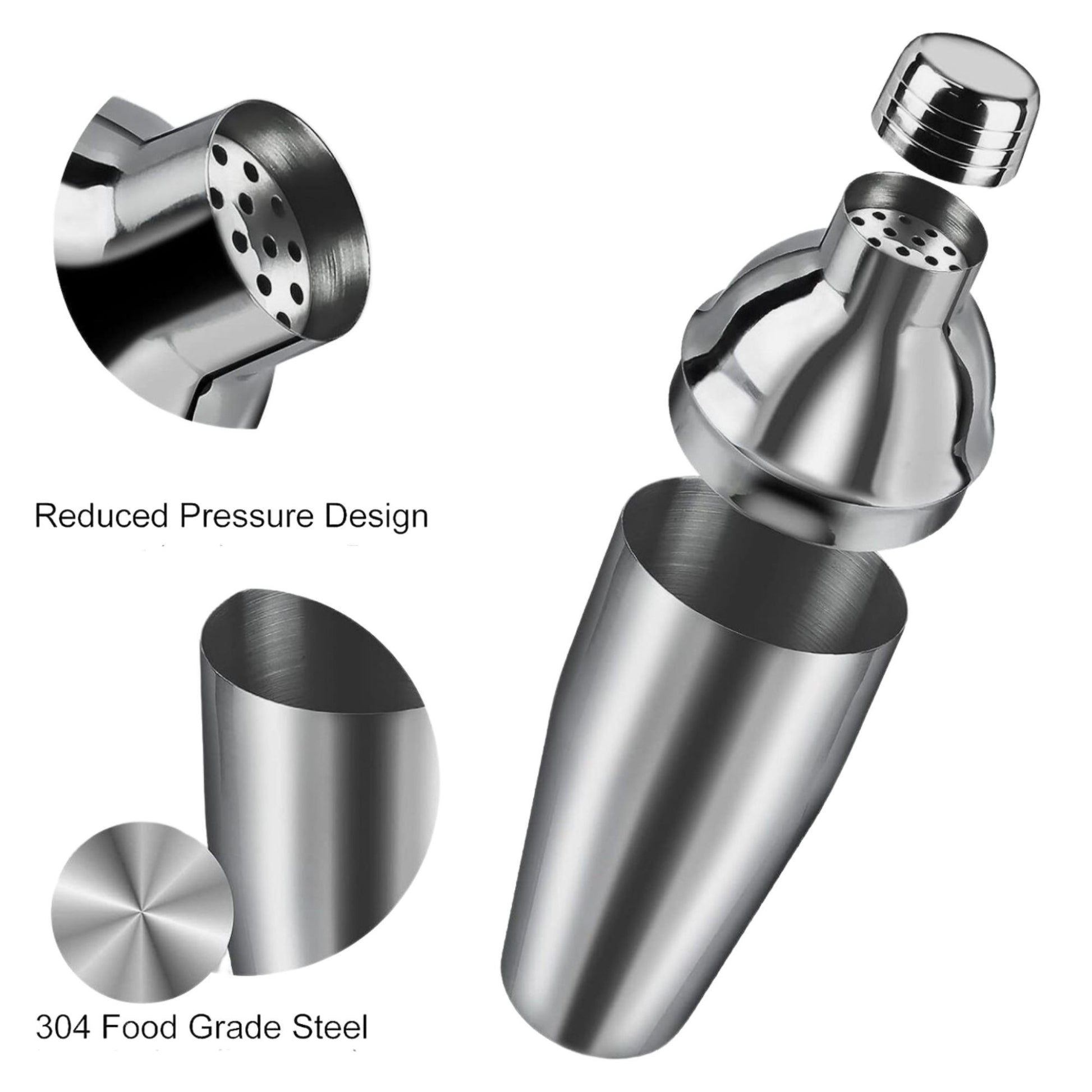 Set Barman Preparare Cocktail, Kit Accesorii Mixologie cu Shaker 750ml, Masura Dubla, Pistil, Lingura si 2 Picuratoare, Otel Inoxidabil, 6 Piese, Argintiu