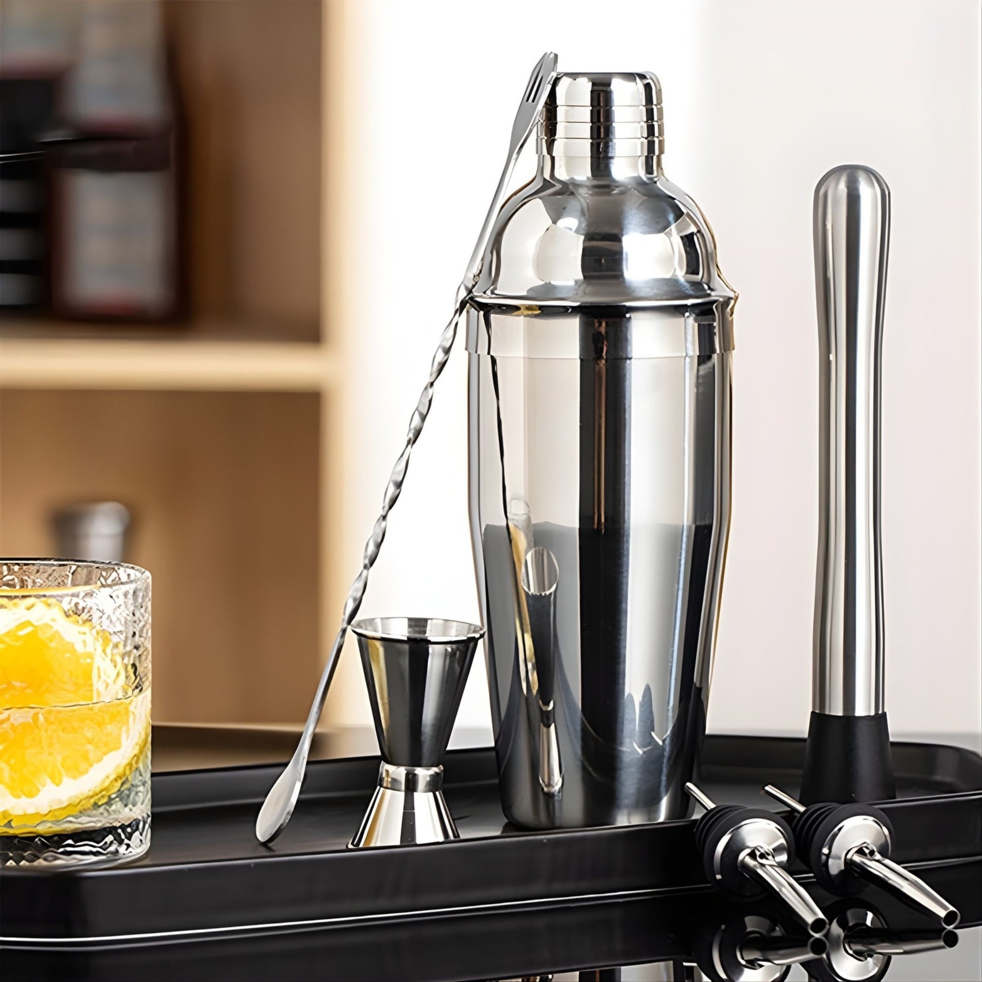 Set Barman Preparare Cocktail, Kit Accesorii Mixologie cu Shaker 750ml, Masura Dubla, Pistil, Lingura si 2 Picuratoare, Otel Inoxidabil, 6 Piese, Argintiu