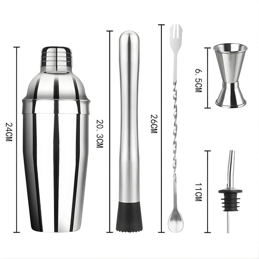 Set Barman Preparare Cocktail, Kit Accesorii Mixologie cu Shaker 750ml, Masura Dubla, Pistil, Lingura si 2 Picuratoare, Otel Inoxidabil, 6 Piese, Argintiu