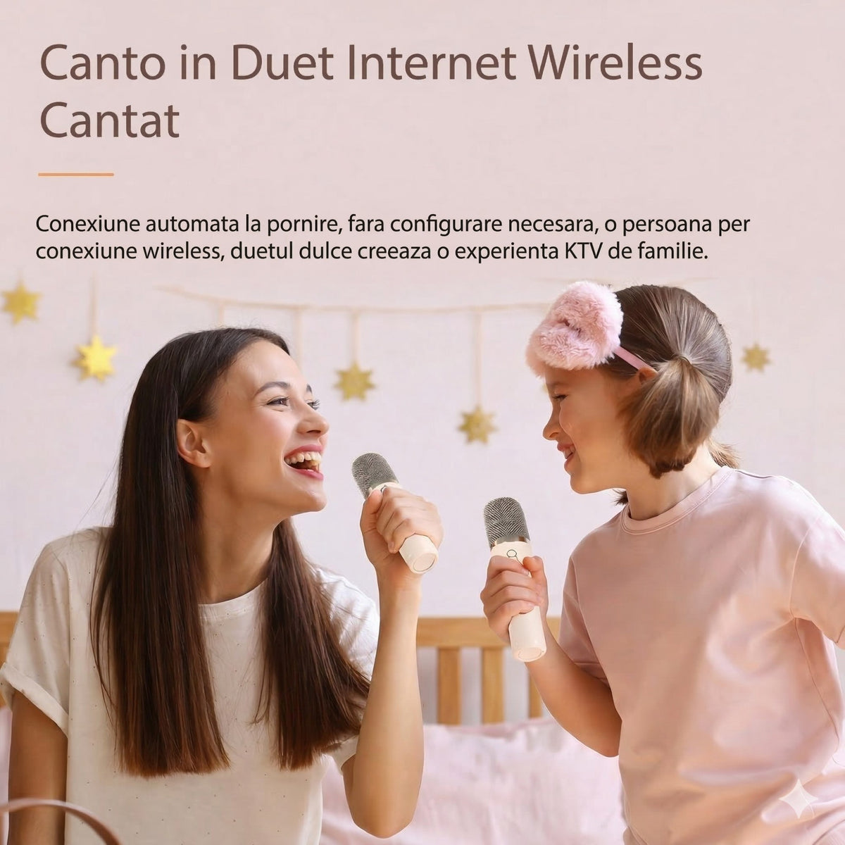 Boxa Portabila Karaoke Pentru Copii, Bluetooth 5.3, Set 2 Microfoane Wireless, Lumini LED RGB, 5 Efecte Vocale, Incarcare USB-C, 14 x 11 cm, Roz