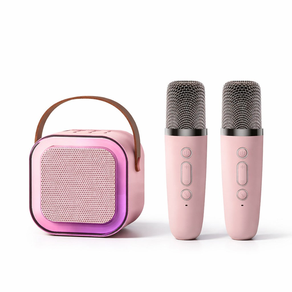 Boxa Portabila Karaoke Pentru Copii, Bluetooth 5.3, Set 2 Microfoane Wireless, Lumini LED RGB, 5 Efecte Vocale, Incarcare USB-C, 14 x 11 cm, Roz