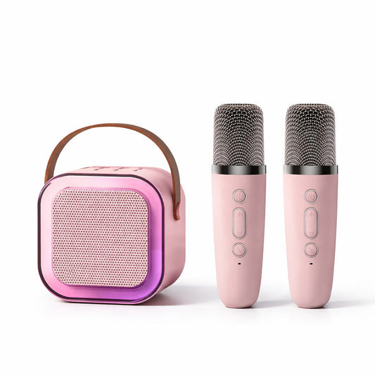 Boxa Portabila Karaoke Pentru Copii, Bluetooth 5.3, Set 2 Microfoane Wireless, Lumini LED RGB, 5 Efecte Vocale, Incarcare USB-C, 14 x 11 cm, Roz